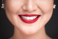 Beauty. Close up view of beautiful woman lips with red matt lips Royalty Free Stock Photo