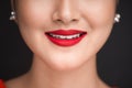 Beauty. Close up view of beautiful woman lips with red matt lips Royalty Free Stock Photo