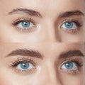 Beauty. Close Up WomanÃ¢â¬â¢s Eyebrows Before And After Microblading.