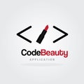 Beauty Coding Logo Design Template with red lipstick cosmetics make up design concept. Software companyVector illustration for Sof