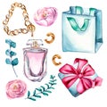 Beauty collection female accessories watercolor illustration isolated on white