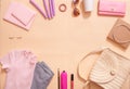 Beauty concept in a blog. Professional female make-up accessories, watch, bracelet, lipstick, powder, on a pink background. Women