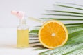 Beauty concept. Bottle of cosmetic skincare serum with dropper, orange and palm leaf. Citrus essential oil with Vitamin Royalty Free Stock Photo