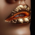 beauty concept of closeup of womans gold gilded painted lips