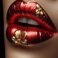 beauty concept of closeup of womans red and gold gilded painted lips