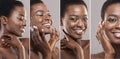 Beauty concept. Young African American woman with beautiful skin after face lifting or plastic surgery, collage Royalty Free Stock Photo