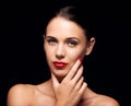 Beauty, cosmetic and hand for female person, cosmetology and lipstick on studio background. Makeup, manicure and