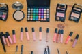 beauty cosmetic makeup essentials on stylish artist table Royalty Free Stock Photo