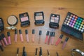 Beauty cosmetic makeup essentials on stylish artist table Royalty Free Stock Photo