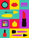 Beauty Cosmetic makeup poster, greeting card, banner icon set. Lips, eyeshadow, comb, mascara, lipstick, perfume water, nail Royalty Free Stock Photo