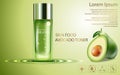 Beauty cosmetic product poster, fruit avocado cream ads with silver bottle package skin care cream on sparkling green shiny backgr Royalty Free Stock Photo