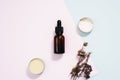 Beauty cosmetic skin care cream serum background. Products with dried flower, leaves on table top view, flat lay. minimal modern.