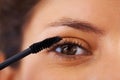 Beauty, cosmetics and eye lash curling makeup on woman face portrait, getting ready and grooming in the morning. Closeup Royalty Free Stock Photo