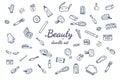 Beauty cosmetics and make up doodle icons. Hand drawn vector fashion sketch items. Lipstick, mascara, brush, compact