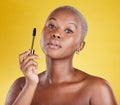 Beauty, cosmetics and portrait of black woman with mascara brush in hand in studio isolated on yellow background. Makeup Royalty Free Stock Photo