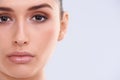 Beauty, cosmetics and portrait of woman with mockup, smile and benefits of skincare in studio. Dermatology, health and