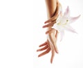 Beauty delicate hands with manicure holding flower lily Royalty Free Stock Photo
