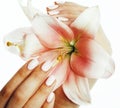 Beauty delicate hands with manicure holding flower lily close up isolated on white, spa salon concept Royalty Free Stock Photo