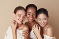 Beauty. Diverse Group Of Ethnic Women Portrait. Happy Different Ethnicity Models Standing Together With Closed Eyes And Smiling. Royalty Free Stock Photo