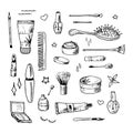 Beauty doodle set. Collection of hand drawn beauty, makeup and cosmetics icons and objects. Sketch design elements