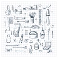 Beauty doodle set. Collection of hand drawn beauty, makeup and cosmetics icons and objects. Sketch design elements