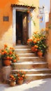 The Beauty of Doorways: Potted Flowers, Glimmering Orange Dawn