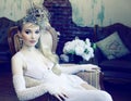 Beauty emotional blond bride in luxury interior