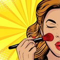 Pop art beauty of the face. Make-up, woman brush causes the tone to the face