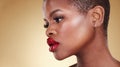 Beauty, face and makeup of a black woman in studio for self care, skincare and cosmetics. Profile of African person or