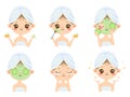 Beauty face mask. Woman skin care, cleaning and face brushing. Acne treatment masks vector cartoon illustration