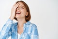 Beauty face. Portrait of happy young woman with short hair and natural make-up, laughing, smiling white teeth, covering Royalty Free Stock Photo