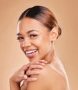Beauty, face and portrait of woman smile in studio for skincare with dermatology, cosmetics or natural makeup. Happy Royalty Free Stock Photo
