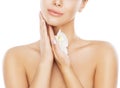 Beauty Face Skin Care, Woman Moisturizing and Massaging Neck By Hand over White Royalty Free Stock Photo