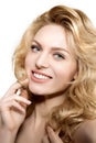 Beauty face woman. Girl healthy model in spa salon. Cream treatment products. Facial skin terapy. Beautiful smile, teeth. Dental Royalty Free Stock Photo