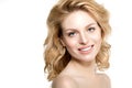 Beauty face woman. Girl healthy model in spa salon. Cream treatment products. Facial skin terapy. Beautiful smile, teeth. Dental