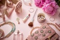 Beauty and fashion accessories and gadgets. Femine concept. Flat lay on pink theme background