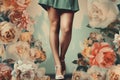 Woman legs with flowers vintage collage. Generative AI Royalty Free Stock Photo