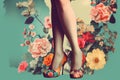 Woman legs with flowers vintage collage. Generative AI Royalty Free Stock Photo