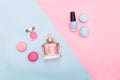 Beauty Fashion flat lay on blue and pink background