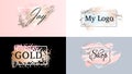 Beauty fashion frames icons logo set. Cosmetics golden paint, ink brushstroke, brush, line or texture.