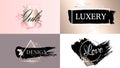 Beauty fashion frames icons logo set. Cosmetics golden paint, ink brushstroke, brush, line or texture.