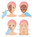 Beauty fashion girl apply different facial masks. Stages of applying a face mask. Flat vector illustration on white