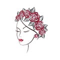 Beauty and fashion. The girl's face and a wreath of roses are drawn with lines, watercolor. Hand drawn illustration Royalty Free Stock Photo