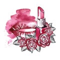 Beauty and fashion. Lips, lipstick and rose on magenta watercolor stain background. Hand drawn watercolor illustration