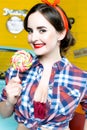 Beauty fashion model girl Eating colourful lollipop. Lollypop. Royalty Free Stock Photo