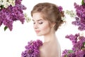 Beauty fashion model Girl with Lilac Flowers Hairstyle Royalty Free Stock Photo