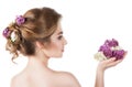 Beauty fashion model Girl with Lilac Flowers Hairstyle. Royalty Free Stock Photo