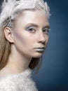 Beauty Fashion Model Girl with White Hair and Blue Eyes closeup.