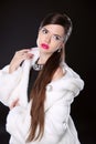 Beauty Fashion Model Girl in white Mink Fur Coat. Luxury Winter Royalty Free Stock Photo