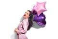 Beauty fashion model party girl with heart shaped air balloons having fun. Birthday party, Valentines Day Royalty Free Stock Photo